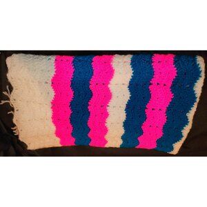 Crochet Striped Baby Blanket gPink/Blue/White With Tassels NEW 45X38